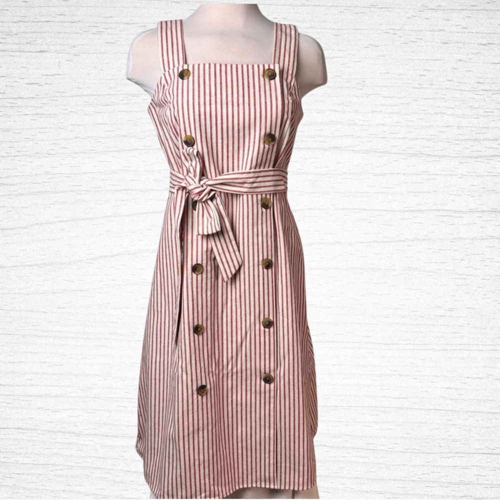 Robert Louis Linen Blend Striped Button Front Tie Waist Dress | Red White | Med